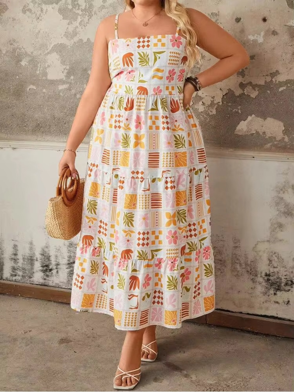 Plus Size 0X Patchwork Print Long Lightweight Maxi Dress Vacation Resort Summer
